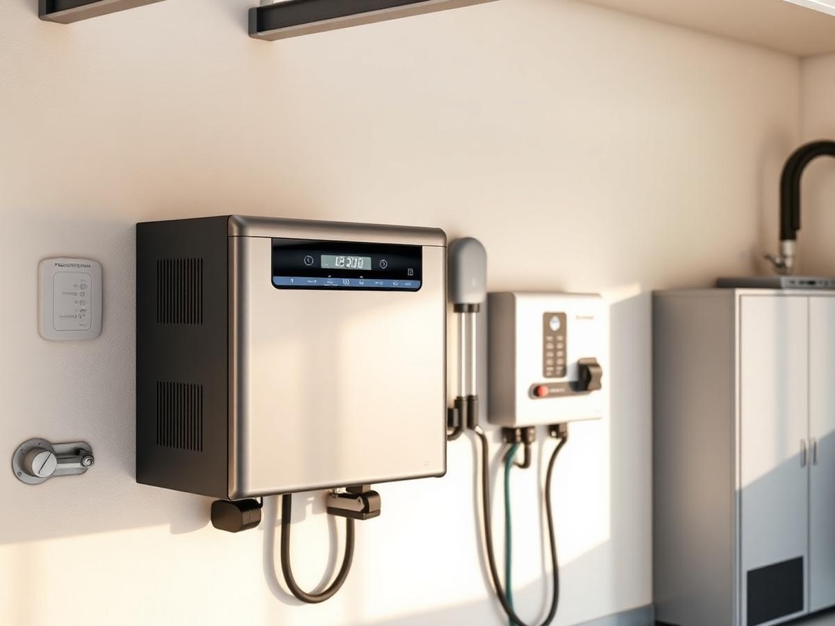 Home battery storage unit installed in a garage