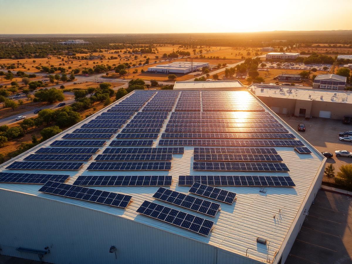 Aerial view of a commercial rooftop solar array