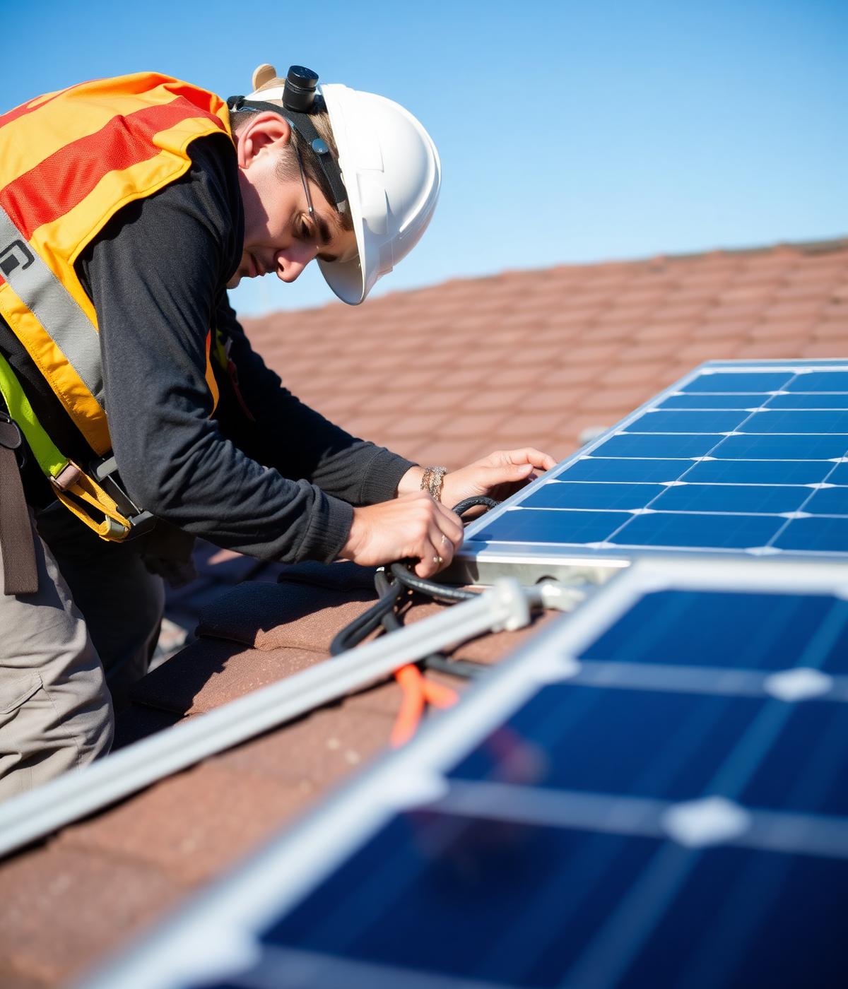 Solar installer fastening a panel to roof racking